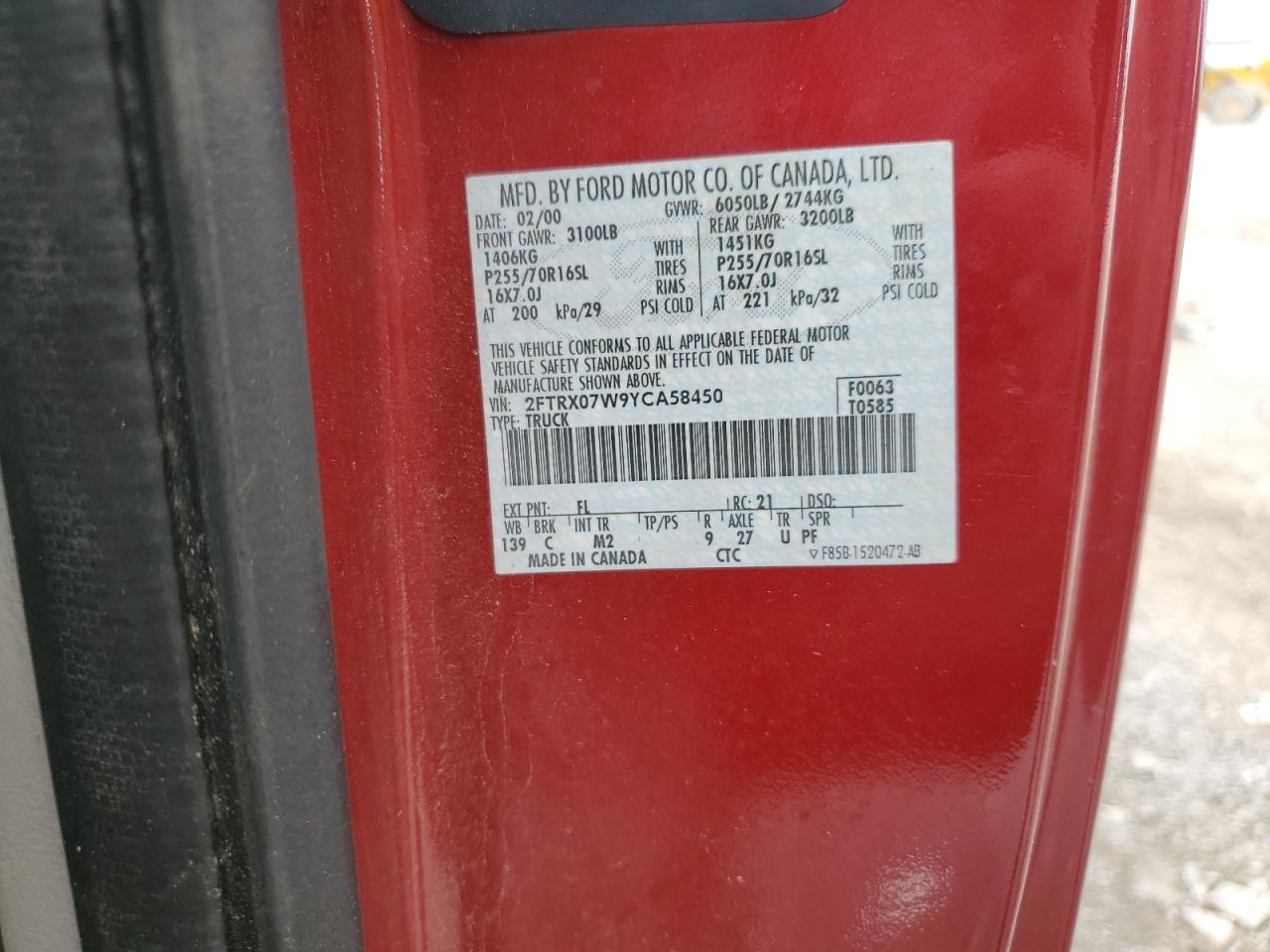 2000 Ford F150 VIN: 2FTRX07W9YCA58450 Lot: 64684114