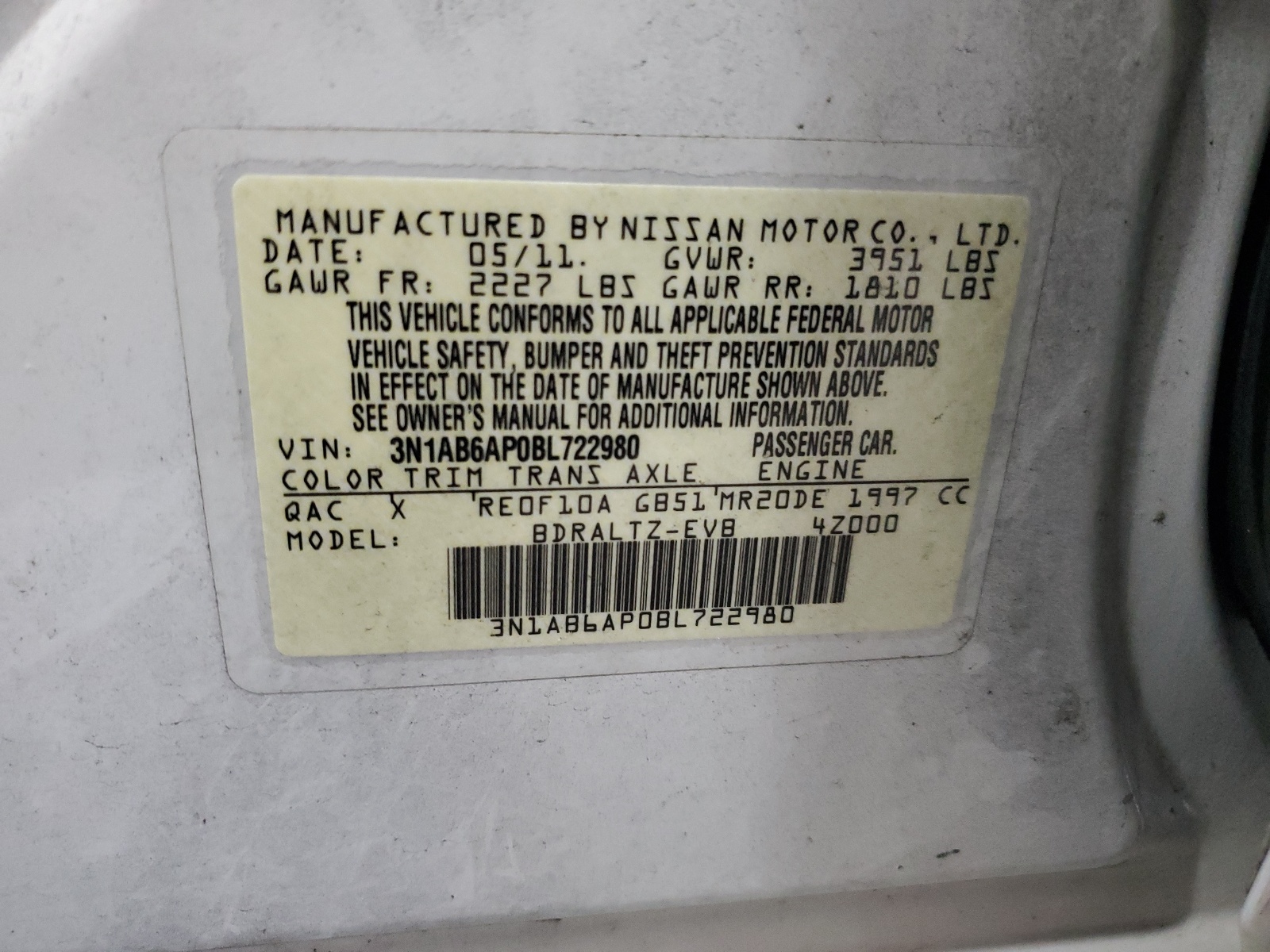 3N1AB6AP0BL722980 2011 Nissan Sentra 2.0