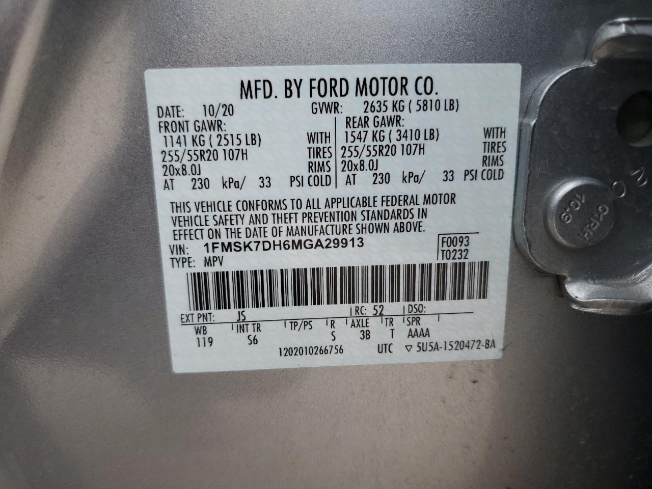 2021 Ford Explorer Xlt VIN: 1FMSK7DH6MGA29913 Lot: 62896424