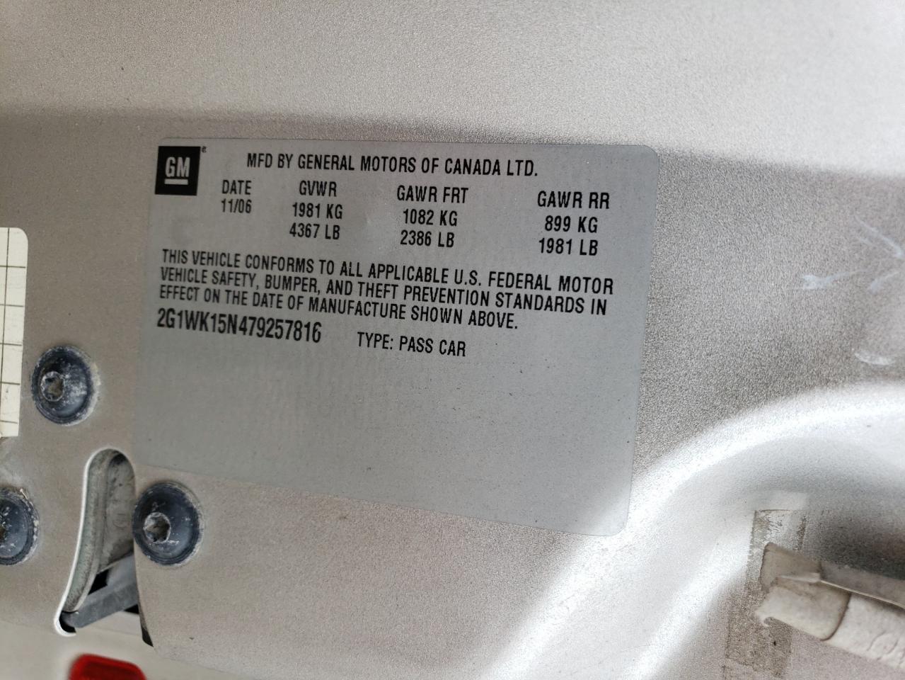 2007 Chevrolet Monte Carlo Lt VIN: 2G1WK15N479257816 Lot: 64211954