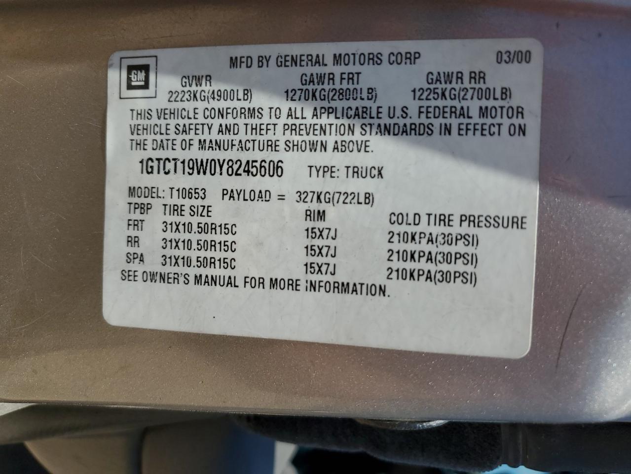 2000 GMC Sonoma VIN: 1GTCT19W0Y8245606 Lot: 61732764