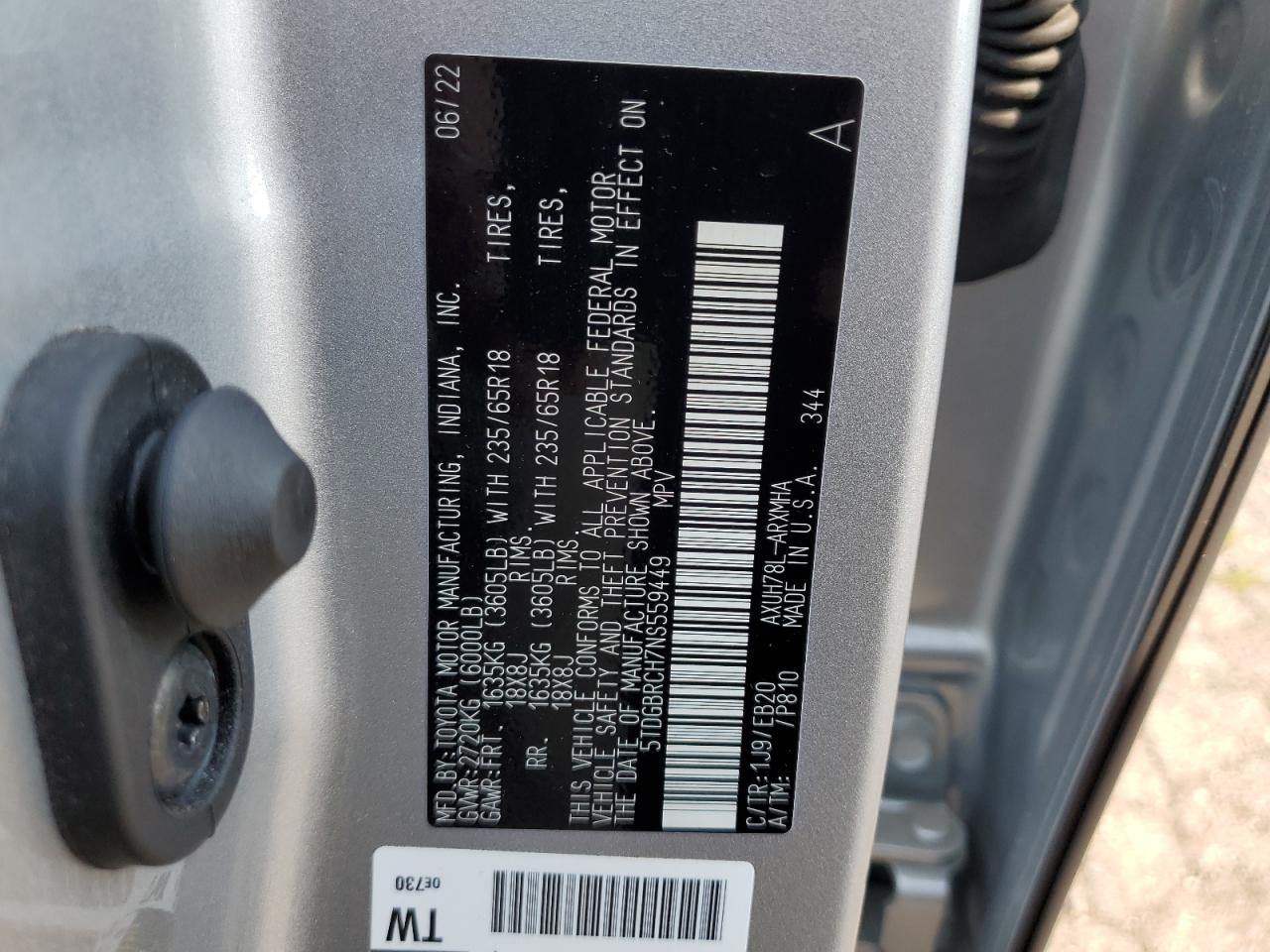 2022 Toyota Highlander Hybrid Xle VIN: 5TDGBRCH7NS559449 Lot: 63265274