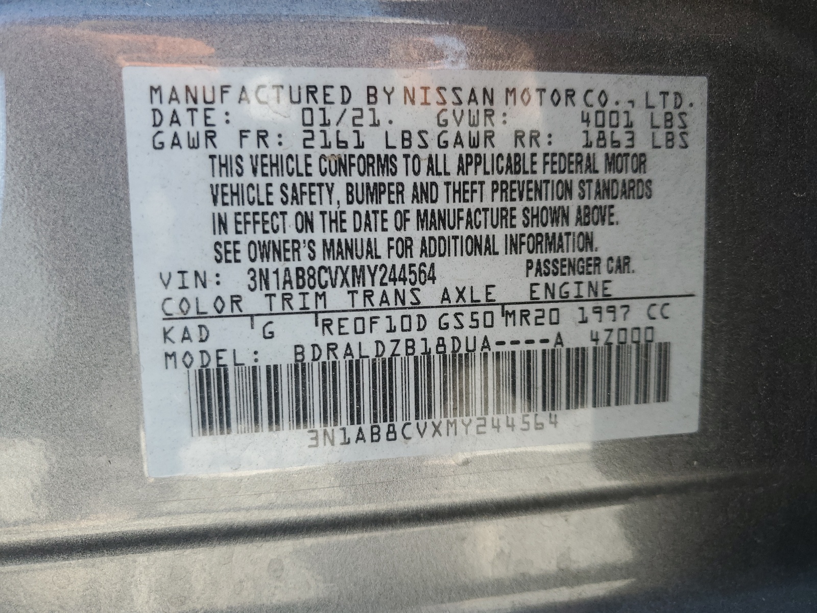 3N1AB8CVXMY244564 2021 Nissan Sentra Sv
