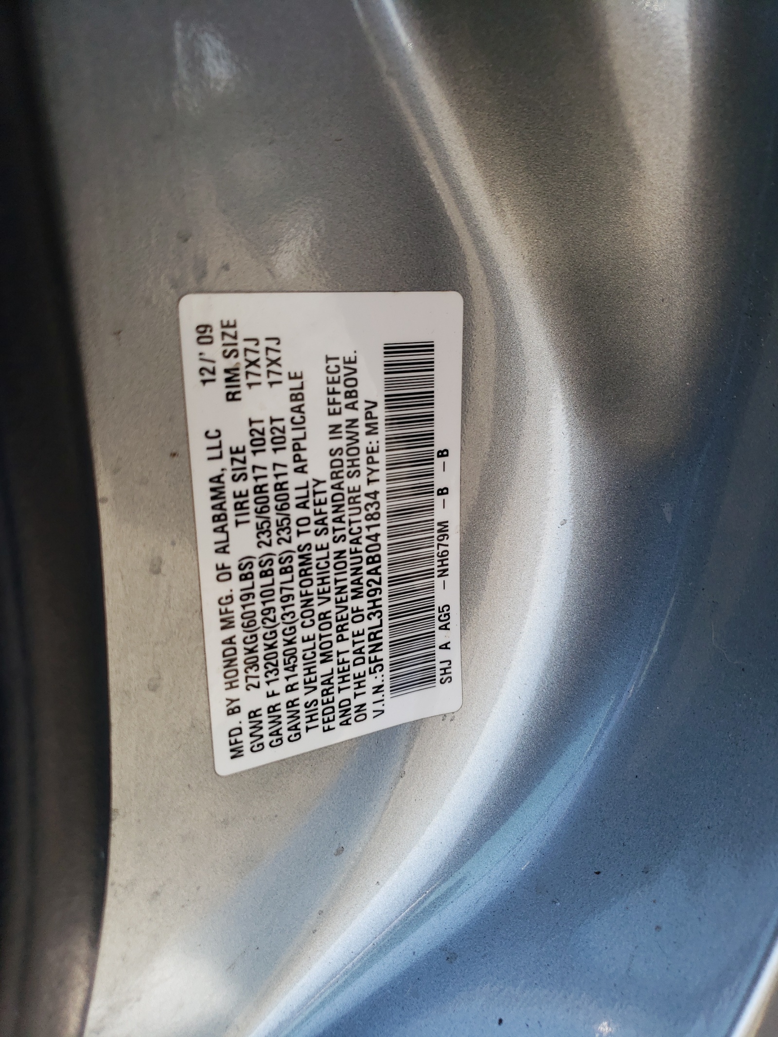 5FNRL3H92AB041834 2010 Honda Odyssey Touring