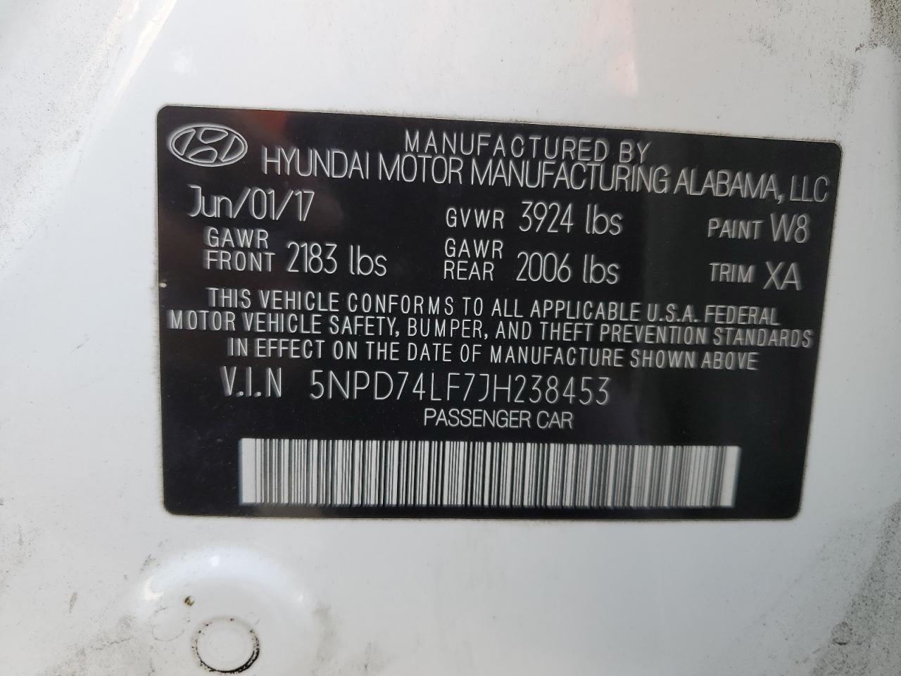 5NPD74LF7JH238453 2018 Hyundai Elantra Se