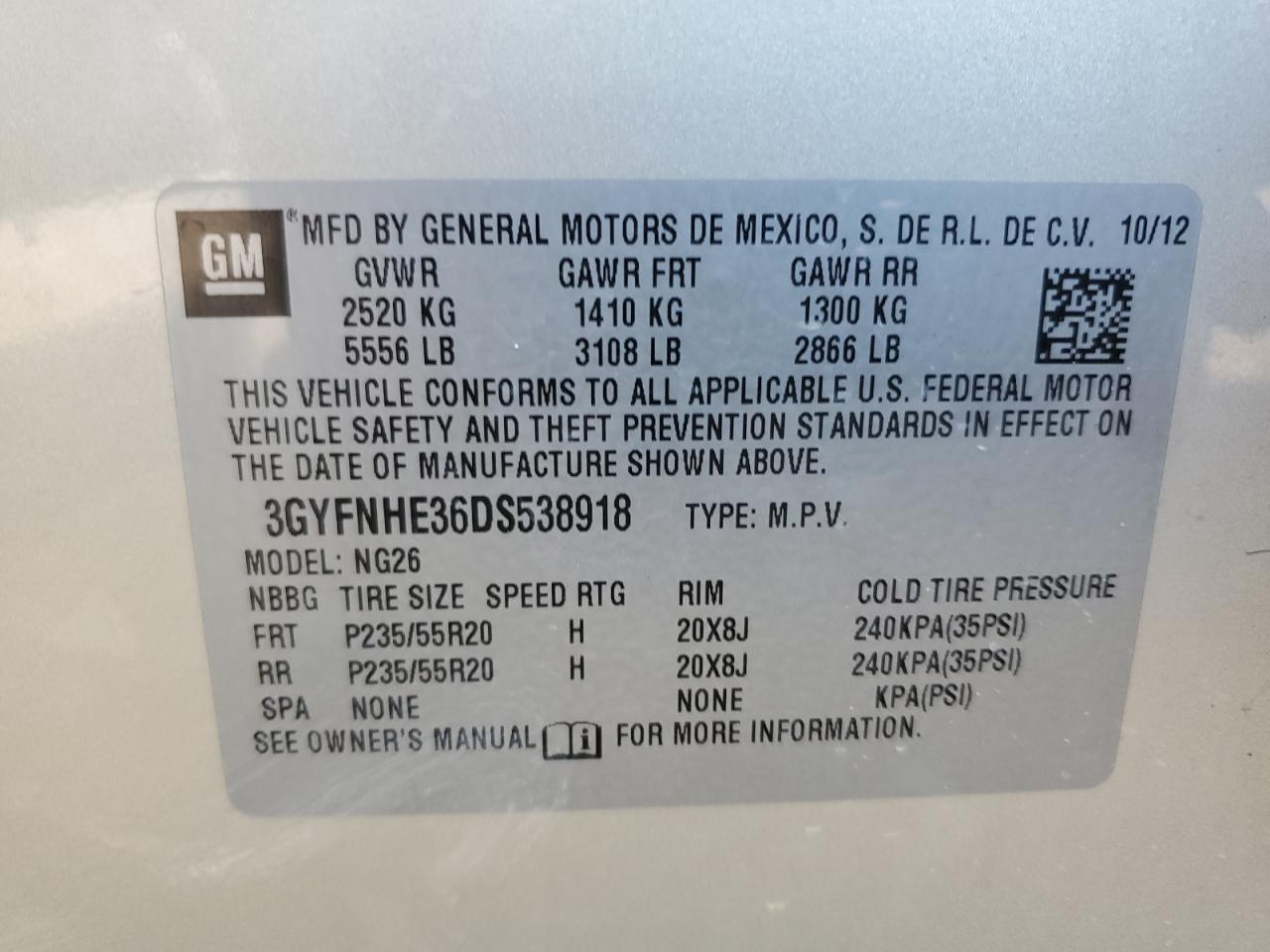 2013 Cadillac Srx Performance Collection VIN: 3GYFNHE36DS538918 Lot: 63407584