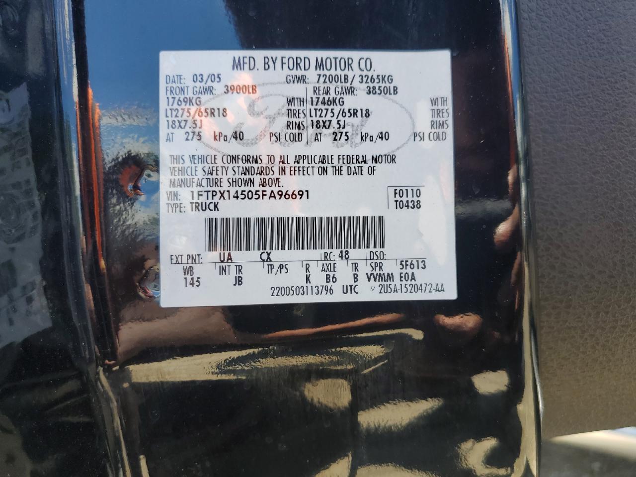 2005 Ford F150 VIN: 1FTPX14505FA96691 Lot: 61132324