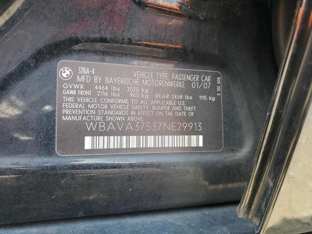 2007 BMW 328 I VIN: WBAVA37537NE29913 Lot: 62881844