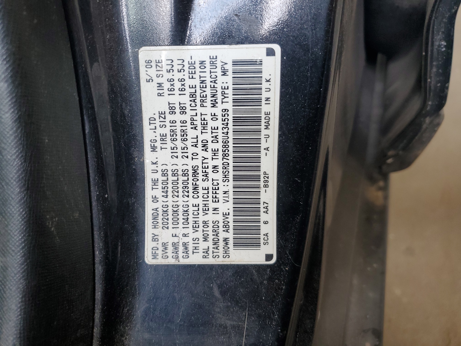 SHSRD78586U434559 2006 Honda Cr-V Lx