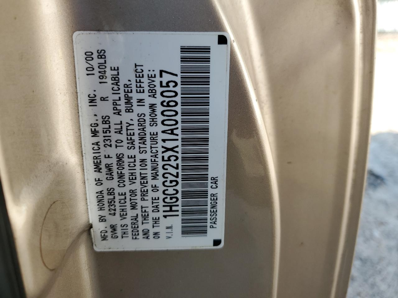 2001 Honda Accord Ex VIN: 1HGCG225X1A006057 Lot: 62661814