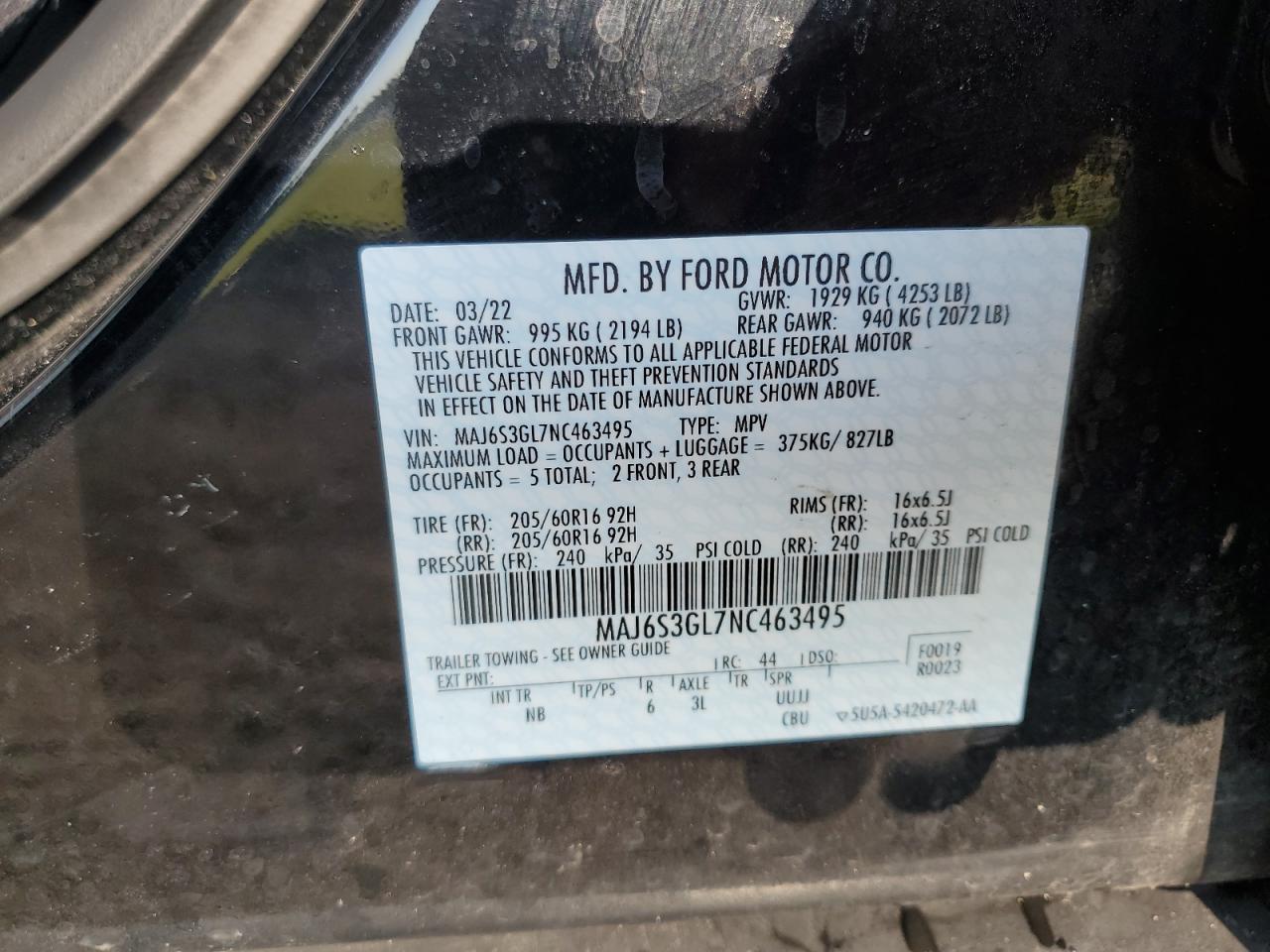 2022 Ford Ecosport Se VIN: MAJ6S3GL7NC463495 Lot: 64847724