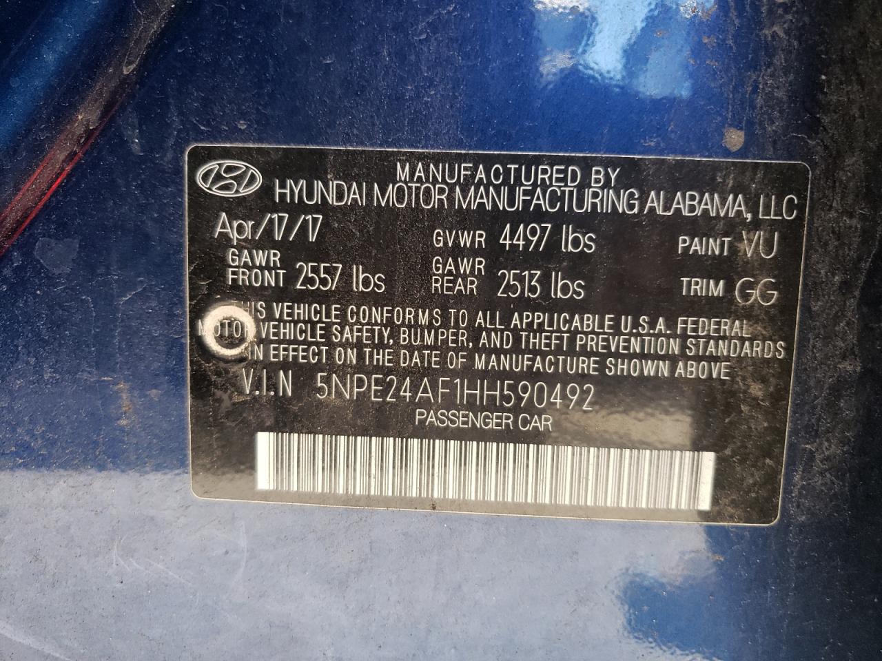 2017 Hyundai Sonata Se VIN: 5NPE24AF1HH590492 Lot: 60619654