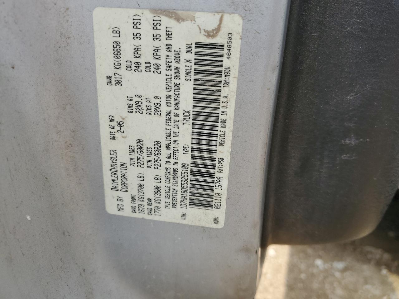 2005 Dodge Ram 1500 St VIN: 1D7HA18D55S255189 Lot: 63928354