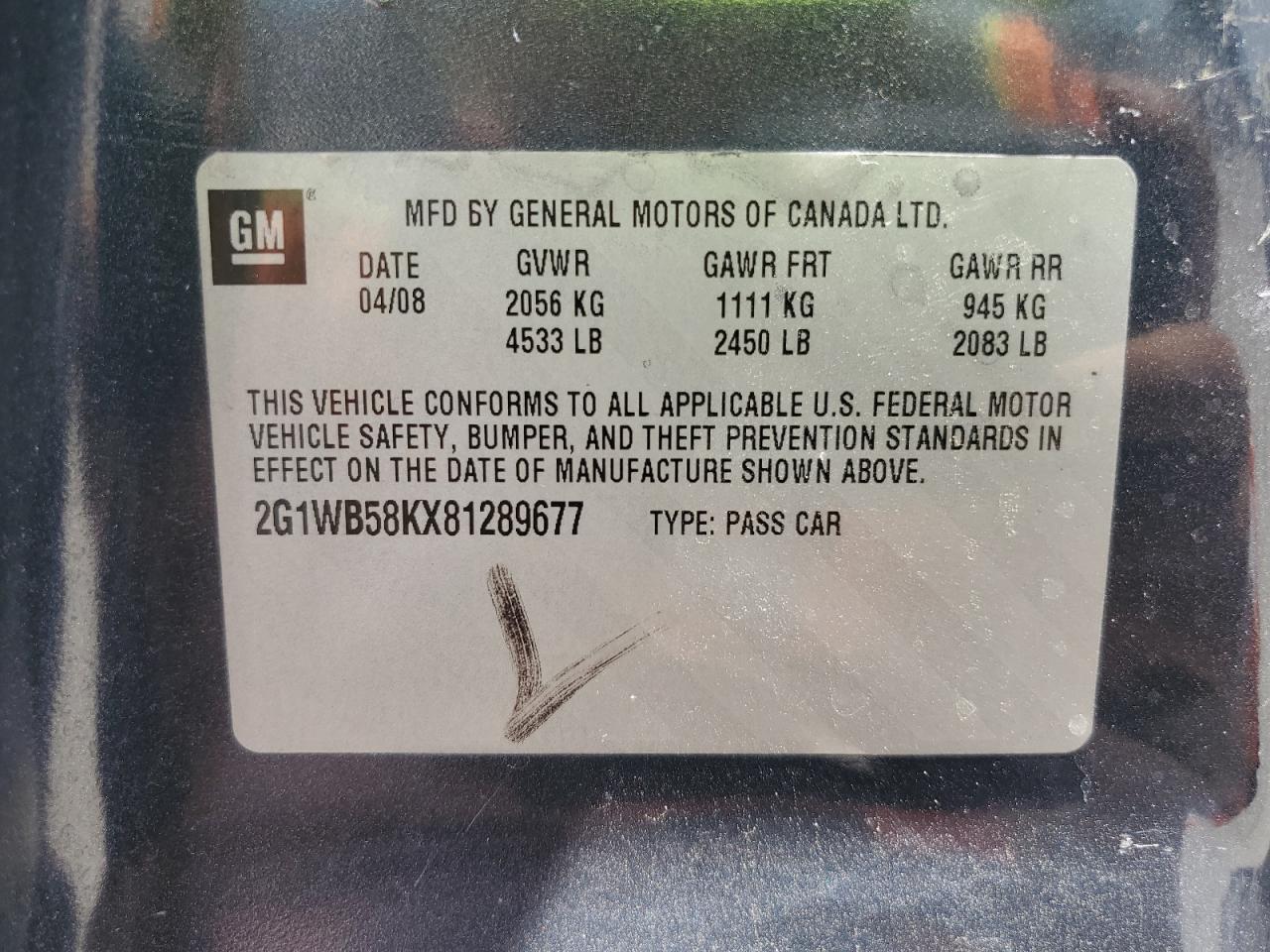 2008 Chevrolet Impala Ls VIN: 2G1WB58KX81289677 Lot: 61318044