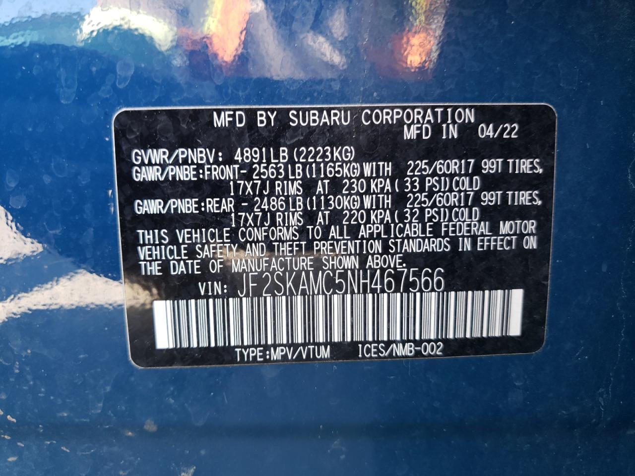 JF2SKAMC5NH467566 2022 Subaru Forester Wilderness