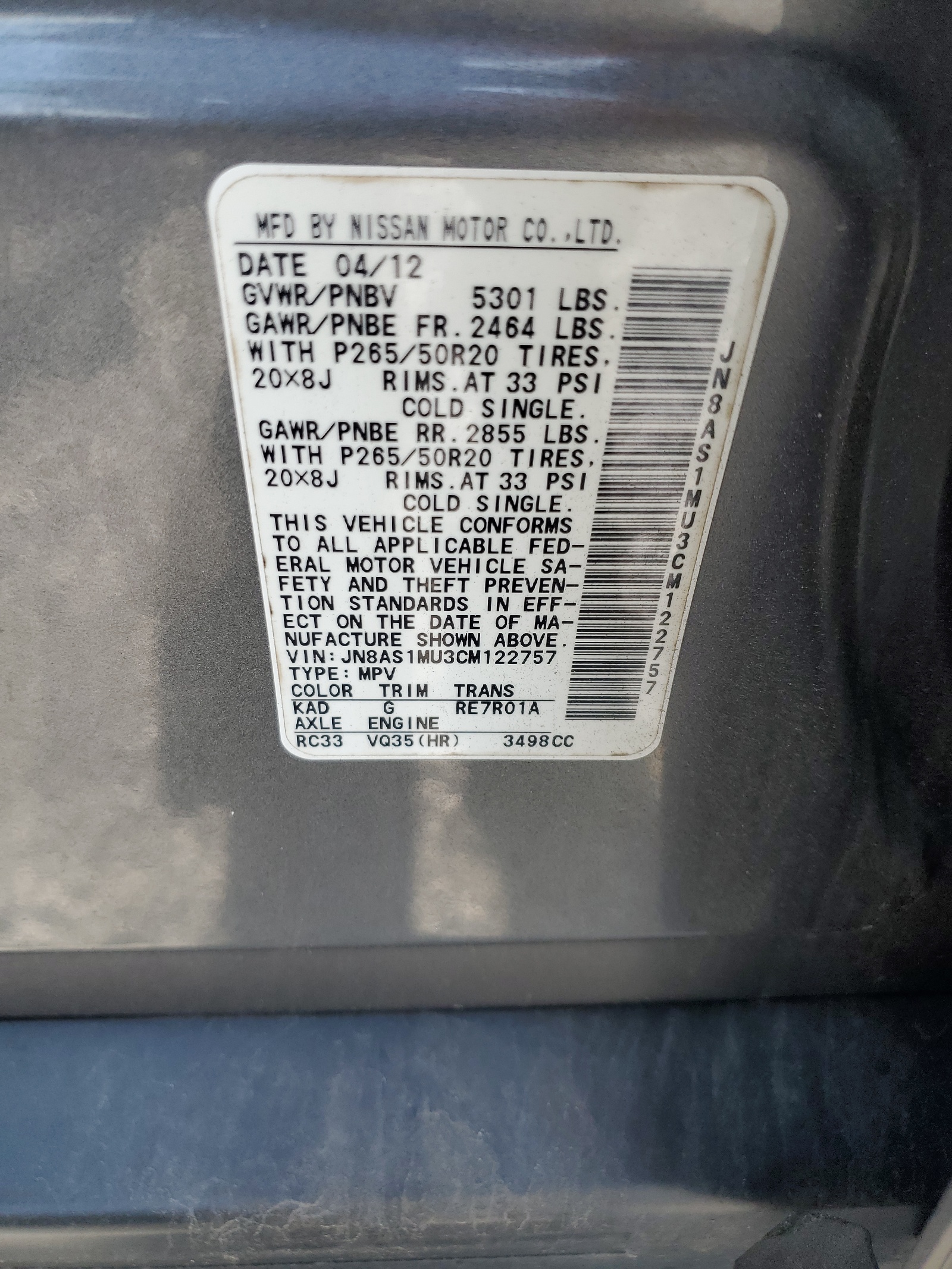 JN8AS1MU3CM122757 2012 Infiniti Fx35