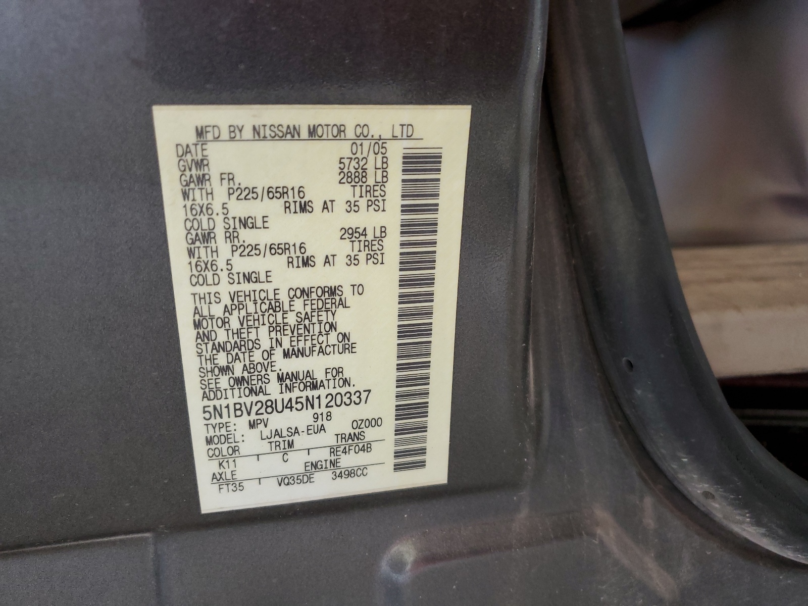 5N1BV28U45N120337 2005 Nissan Quest S