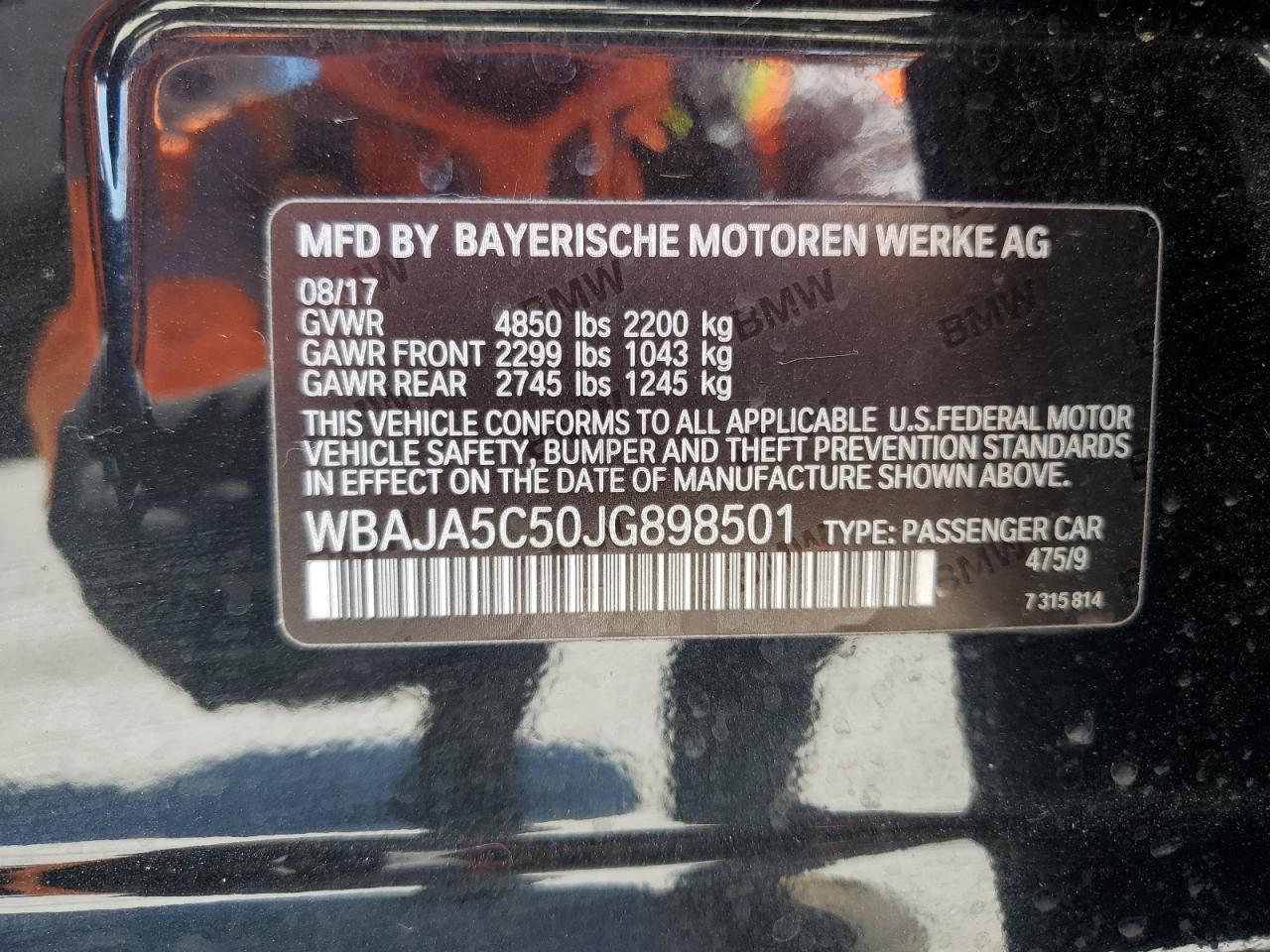 2018 BMW 530 I VIN: WBAJA5C50JG898501 Lot: 63685984