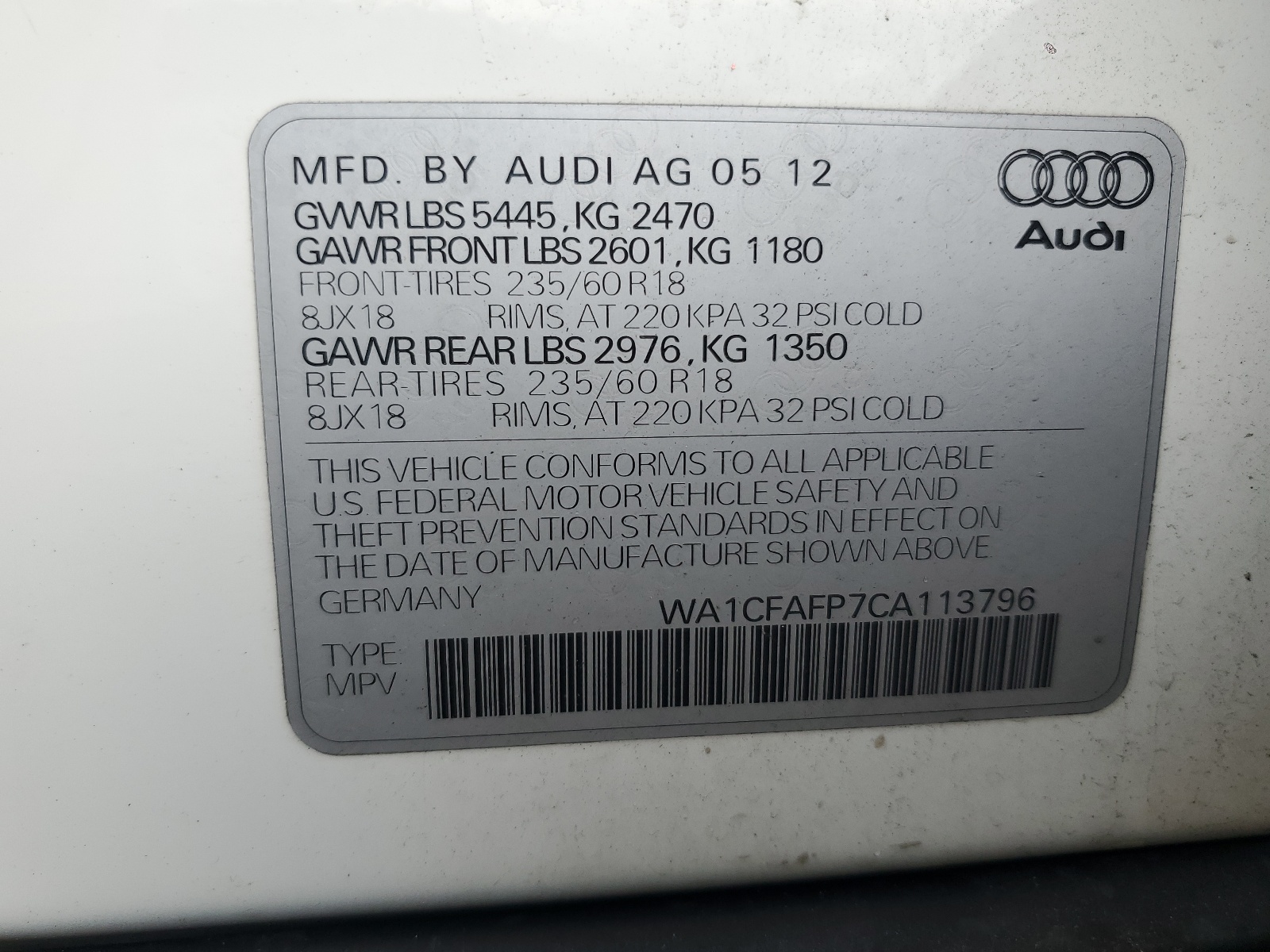 WA1CFAFP7CA113796 2012 Audi Q5 Premium