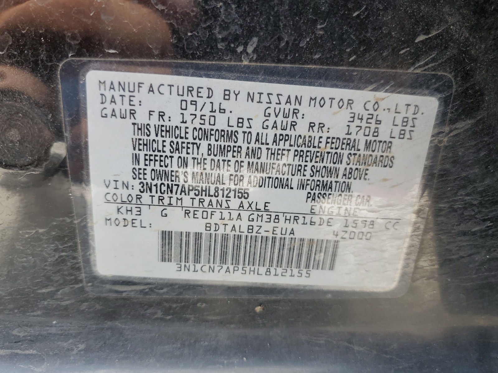 3N1CN7AP5HL812155 2017 Nissan Versa S