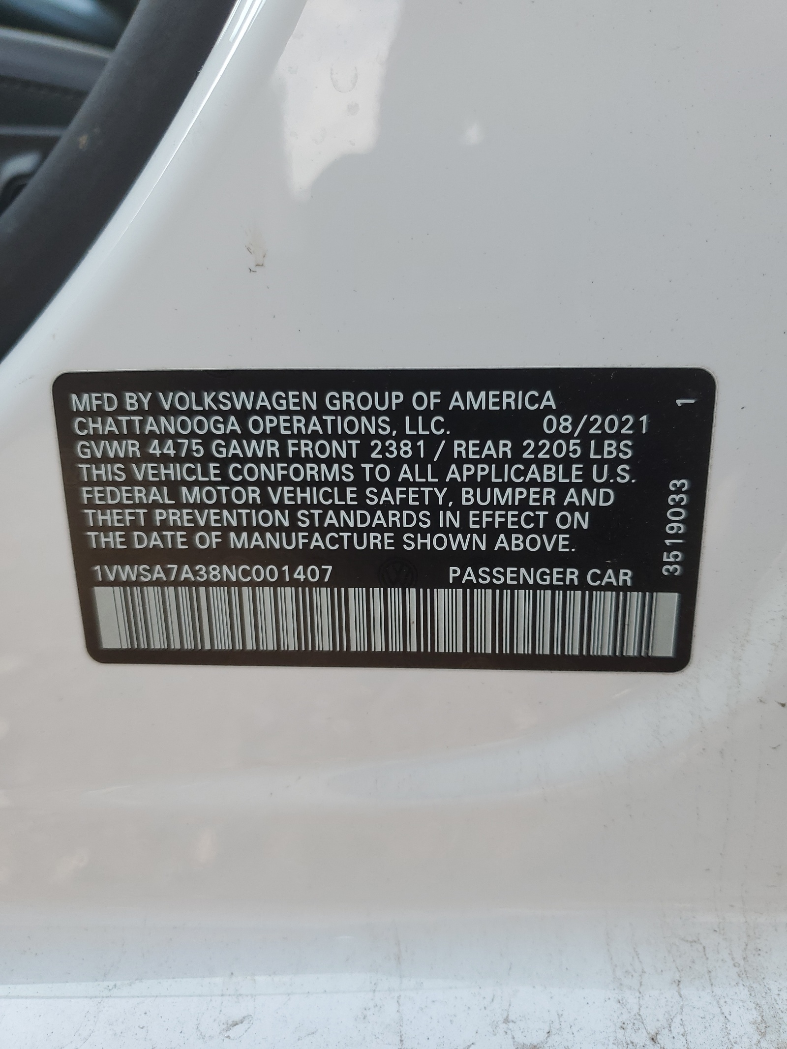 1VWSA7A38NC001407 2022 Volkswagen Passat Se