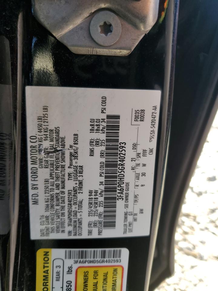 2016 Ford Fusion Se VIN: 3FA6P0HD5GR402593 Lot: 63816834