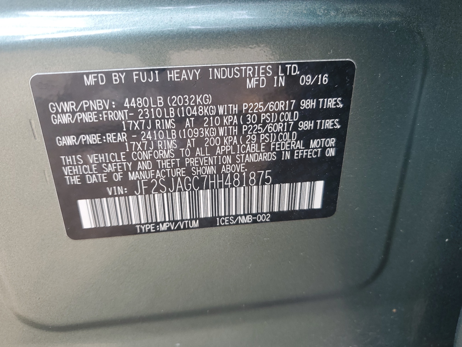 JF2SJAGC7HH481875 2017 Subaru Forester 2.5I Premium