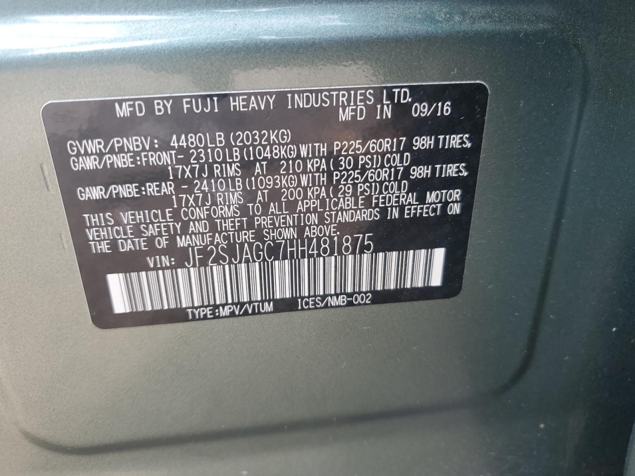 2017 Subaru Forester 2.5I Premium VIN: JF2SJAGC7HH481875 Lot: 61801994