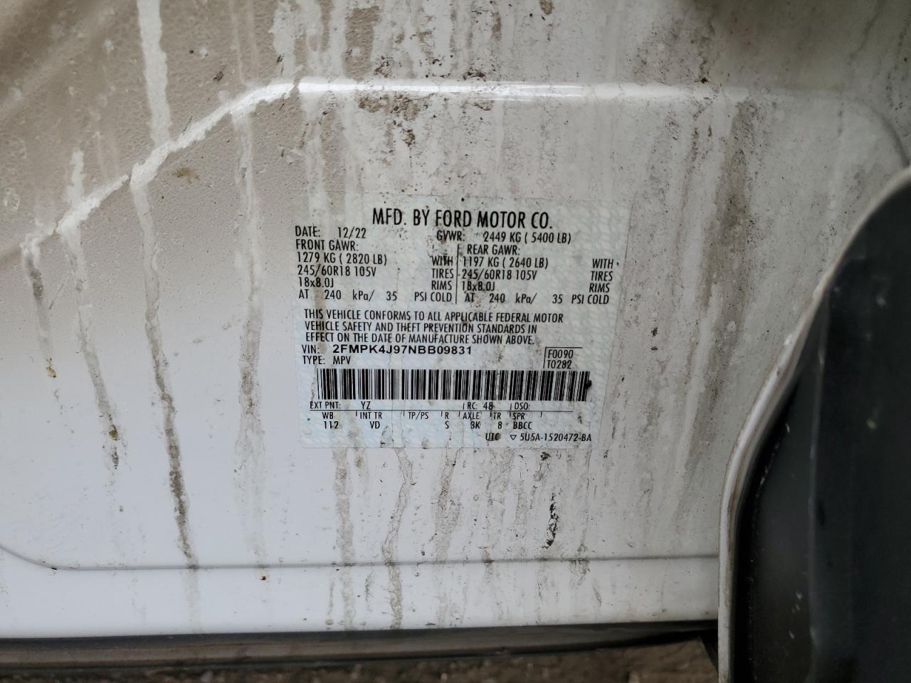 2022 Ford Edge Sel VIN: 2FMPK4J97NBB09831 Lot: 62436714