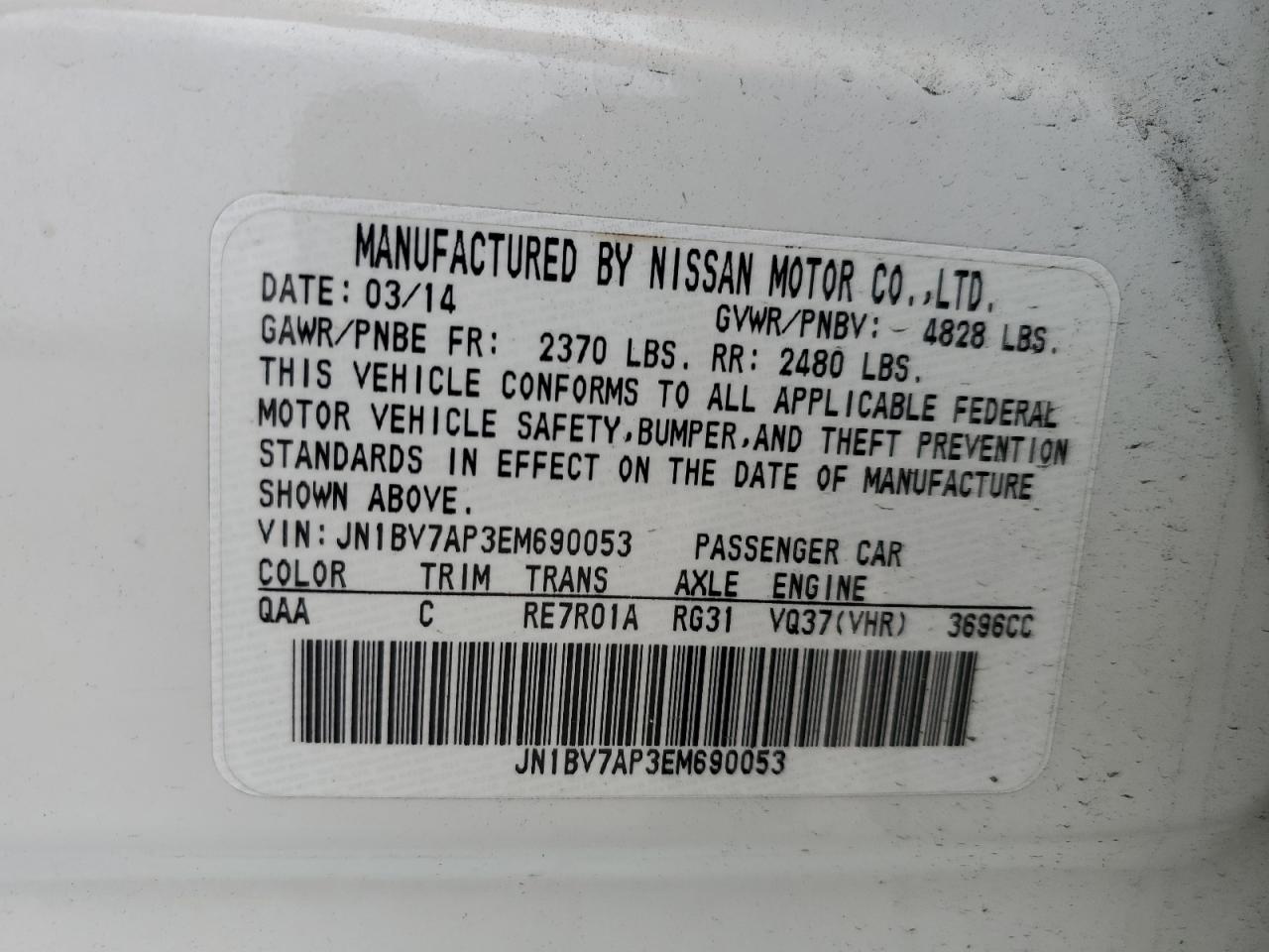 2014 Infiniti Q50 Base VIN: JN1BV7AP3EM690053 Lot: 62810904