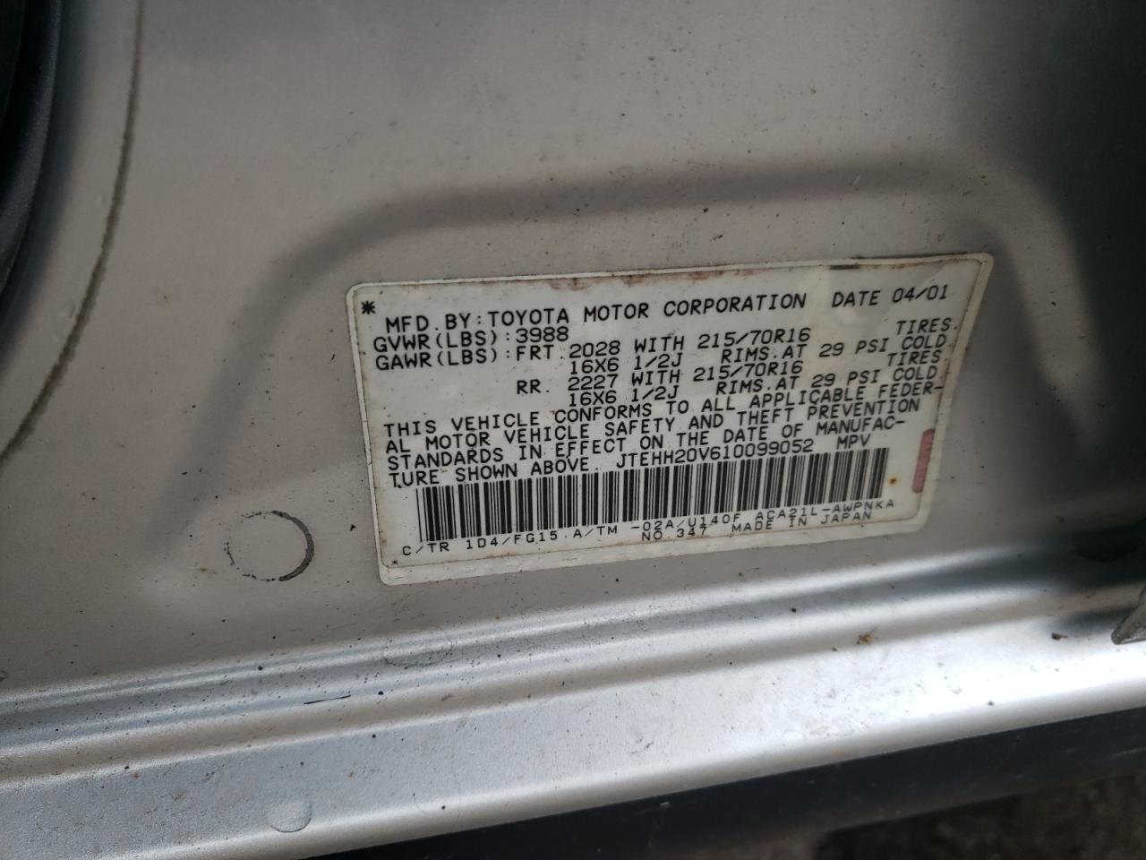 2001 Toyota Rav4 VIN: JTEHH20V610099052 Lot: 64968844