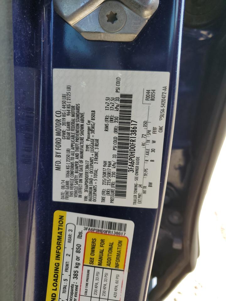 2015 Ford Fusion Se VIN: 3FA6P0HD0FR138617 Lot: 60967334