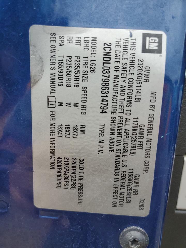 2008 Chevrolet Equinox Sport VIN: 2CNDL037986314794 Lot: 63720414