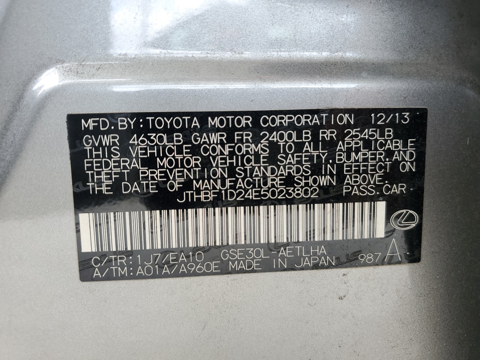 JTHBF1D24E5023802 2014 Lexus Is 250