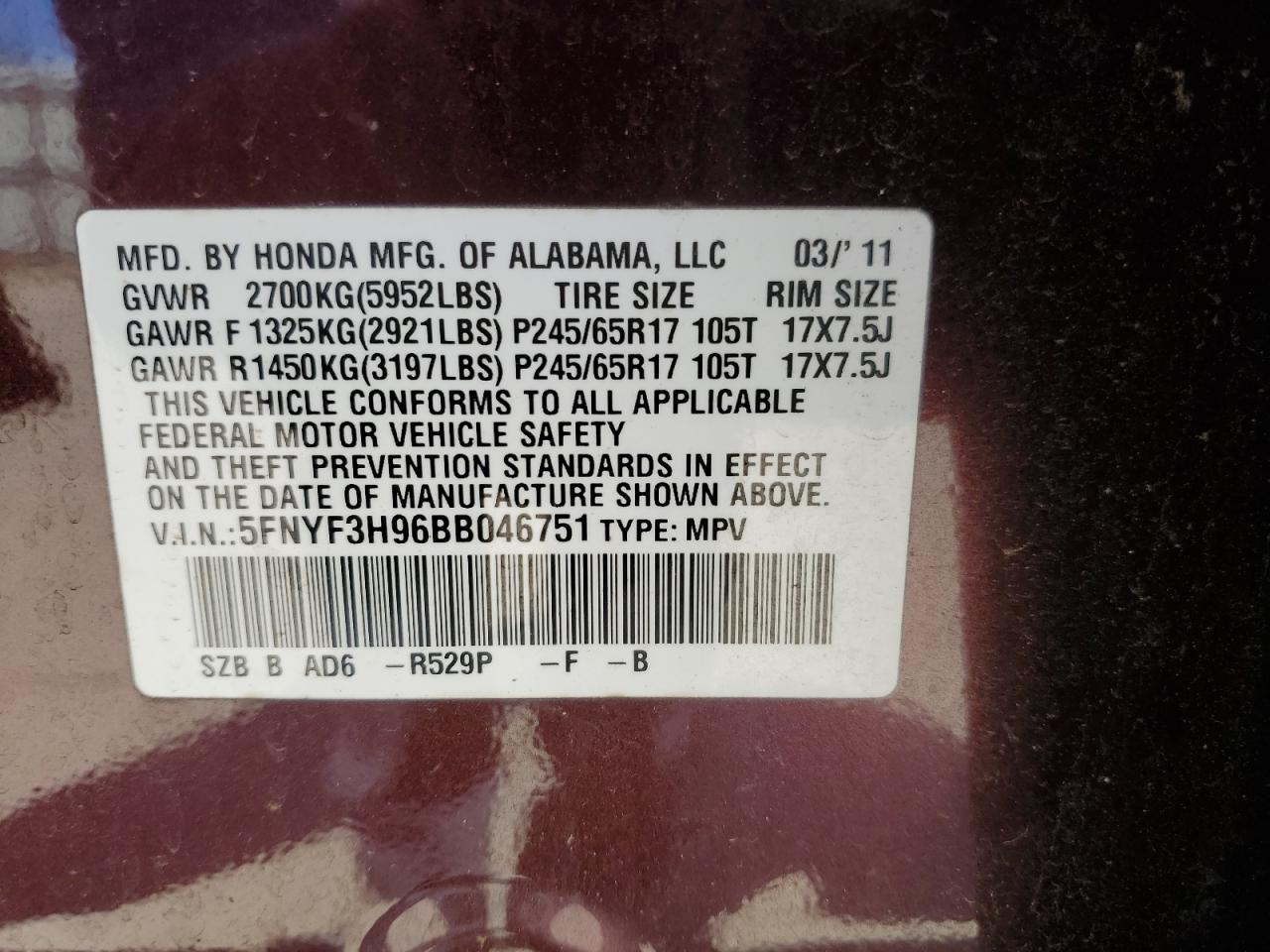 2011 Honda Pilot Touring VIN: 5FNYF3H96BB046751 Lot: 62617814