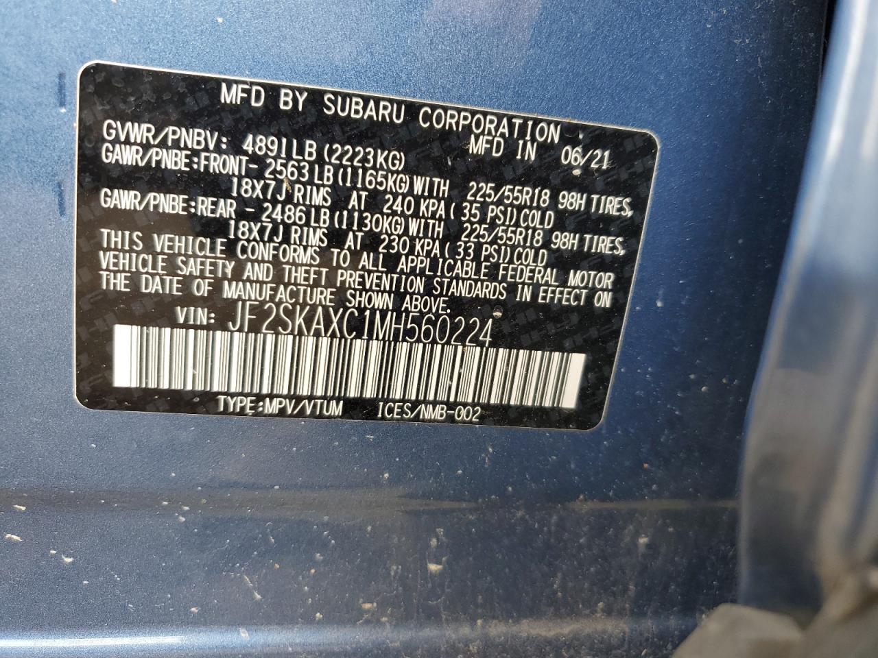 2021 Subaru Forester Touring VIN: JF2SKAXC1MH560224 Lot: 64839294