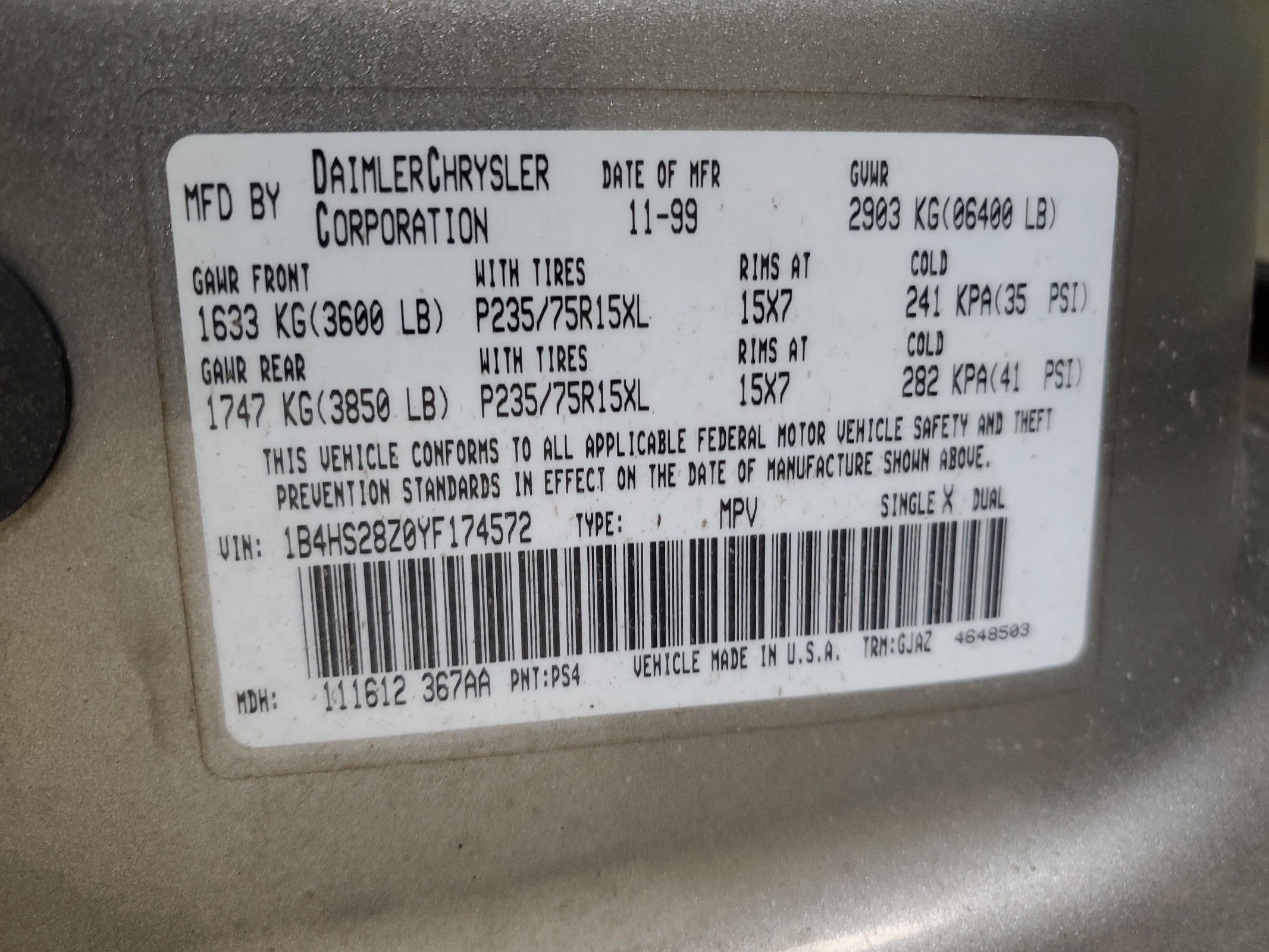 1B4HS28Z0YF174572 2000 Dodge Durango