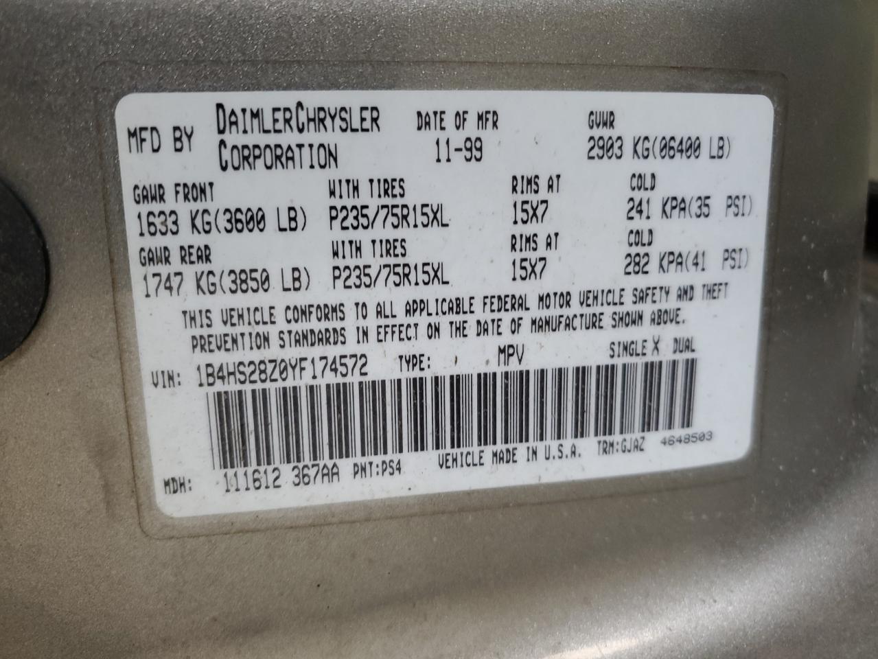 2000 Dodge Durango VIN: 1B4HS28Z0YF174572 Lot: 65665154