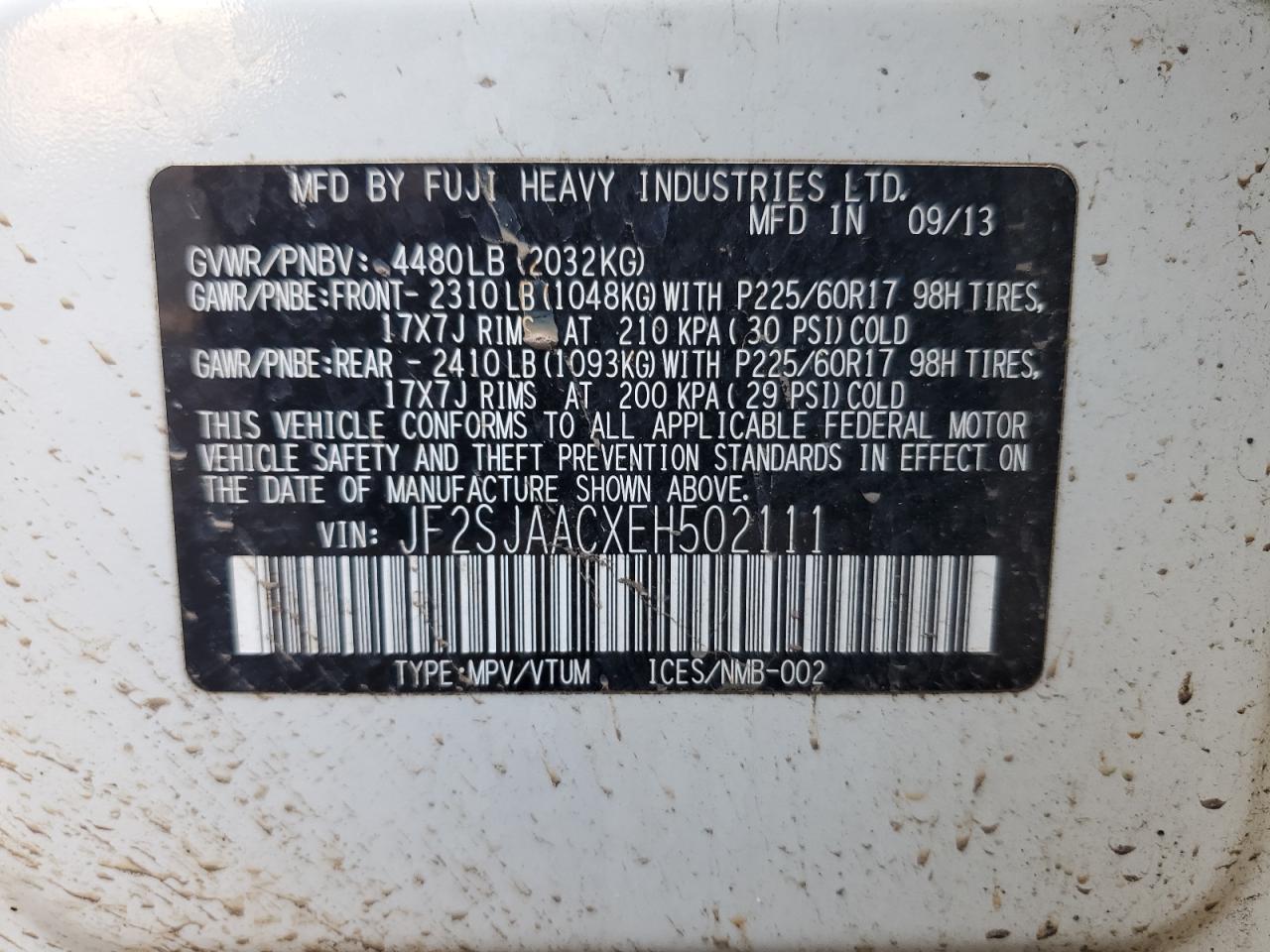 2014 Subaru Forester 2.5I VIN: JF2SJAACXEH502111 Lot: 64273374