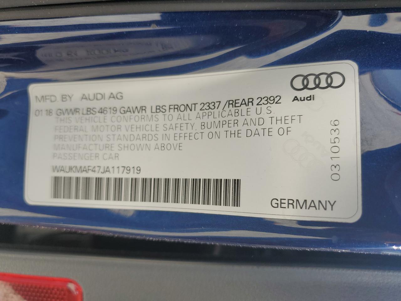 WAUKMAF47JA117919 2018 Audi A4 Premium