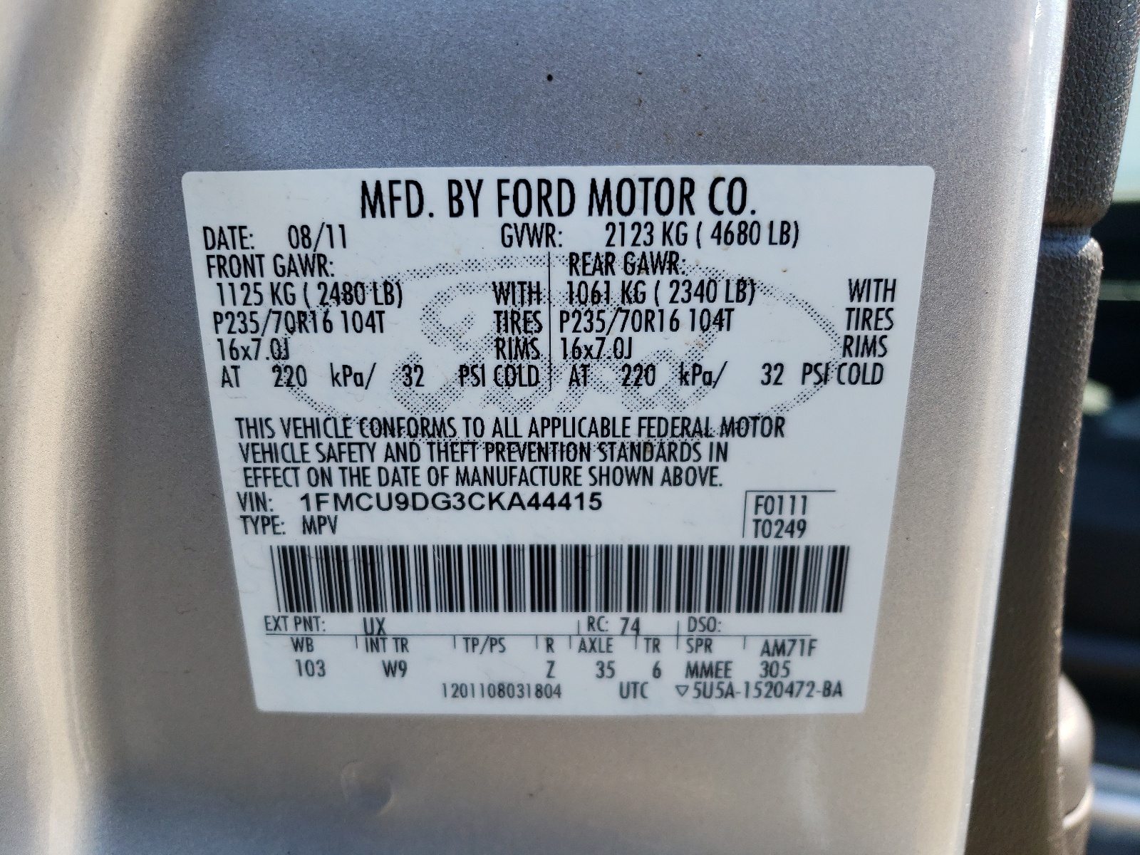1FMCU9DG3CKA44415 2012 Ford Escape Xlt