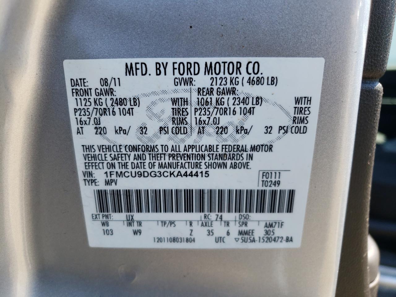 2012 Ford Escape Xlt VIN: 1FMCU9DG3CKA44415 Lot: 63532874