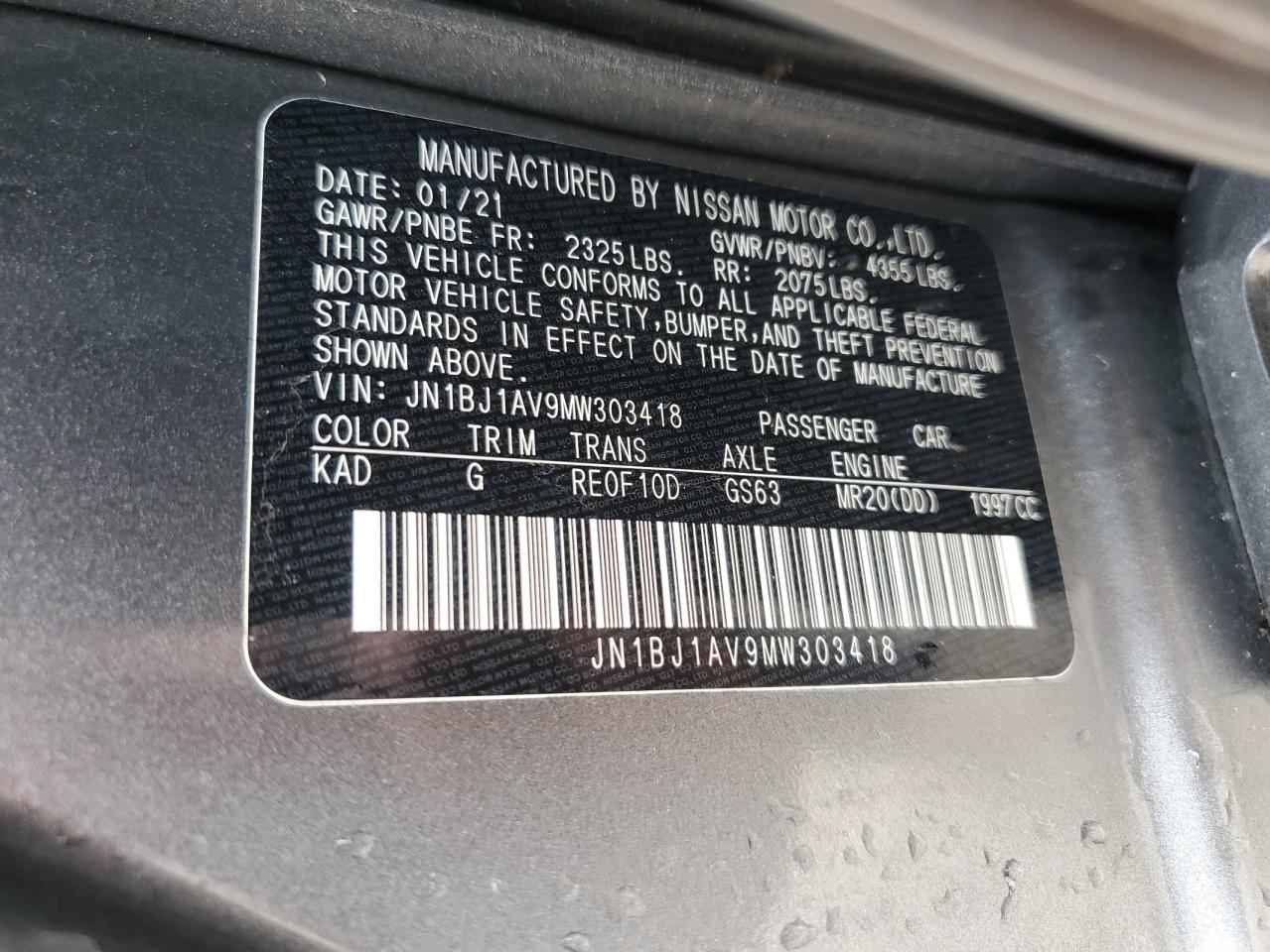 2021 Nissan Rogue Sport S VIN: JN1BJ1AV9MW303418 Lot: 64655154