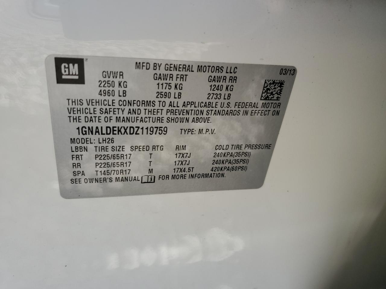 2013 Chevrolet Equinox Lt VIN: 1GNALDEKXDZ119759 Lot: 60502224