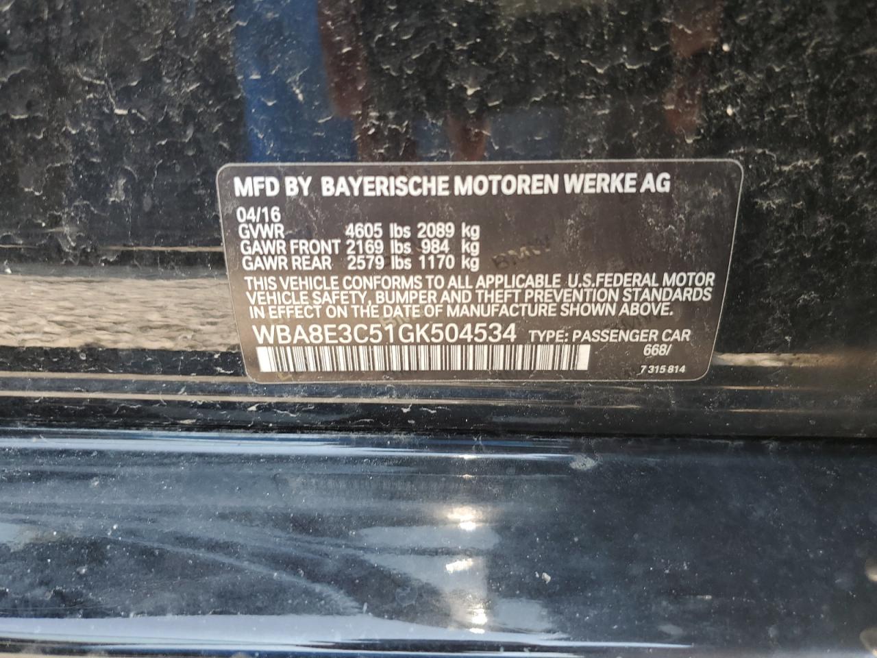 2016 BMW 328 Xi Sulev VIN: WBA8E3C51GK504534 Lot: 62555324