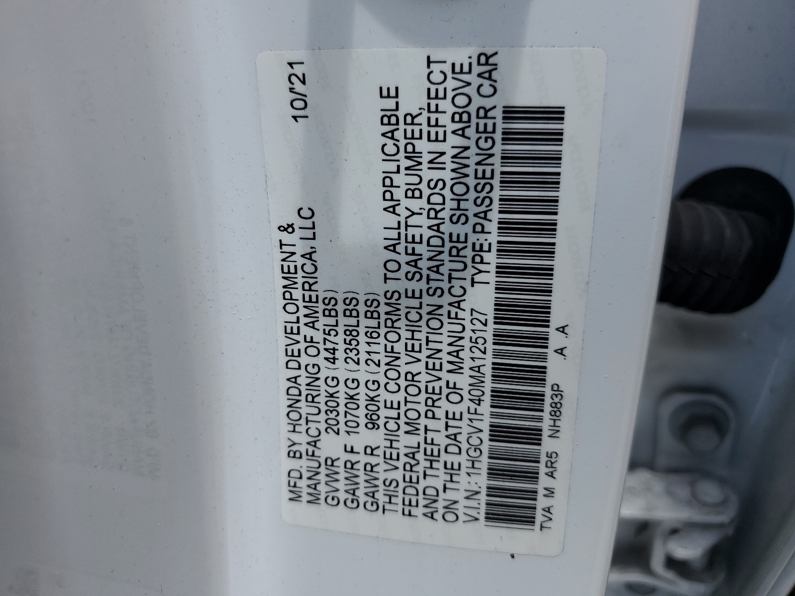 1HGCV1F40MA125127 2021 Honda Accord Sport Se