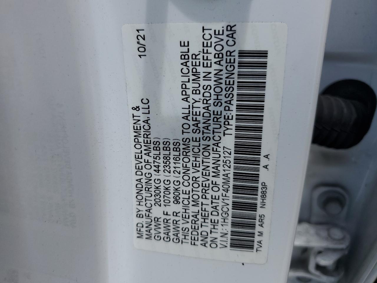 2021 Honda Accord Sport Se VIN: 1HGCV1F40MA125127 Lot: 64935614