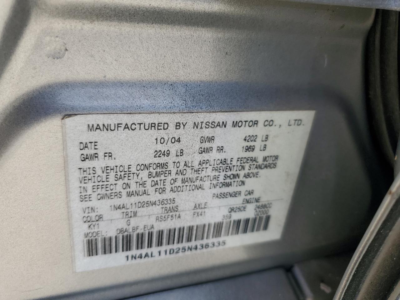 2005 Nissan Altima S VIN: 1N4AL11D25N436335 Lot: 62295434