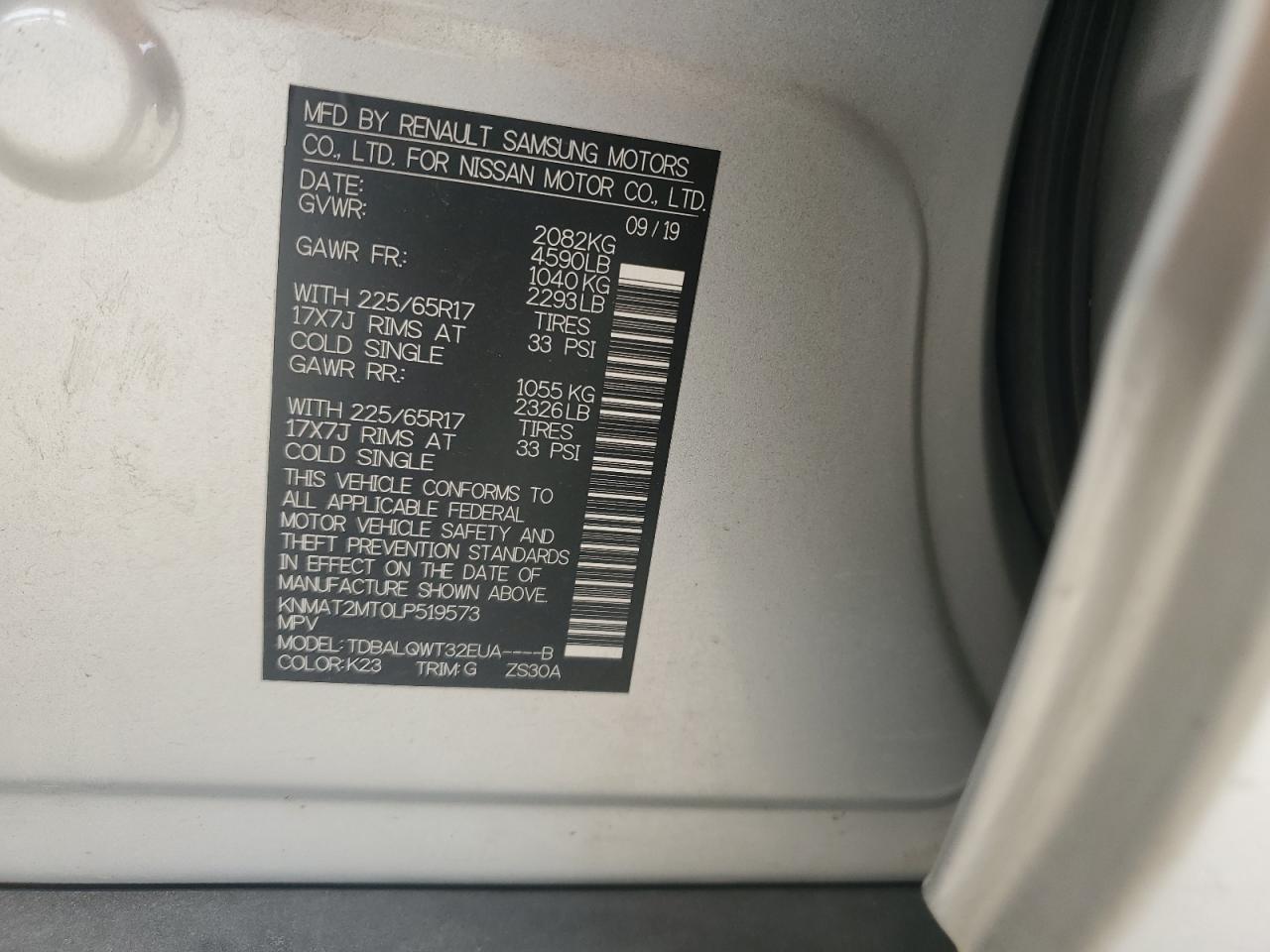 2020 Nissan Rogue S VIN: KNMAT2MT0LP519573 Lot: 61733544