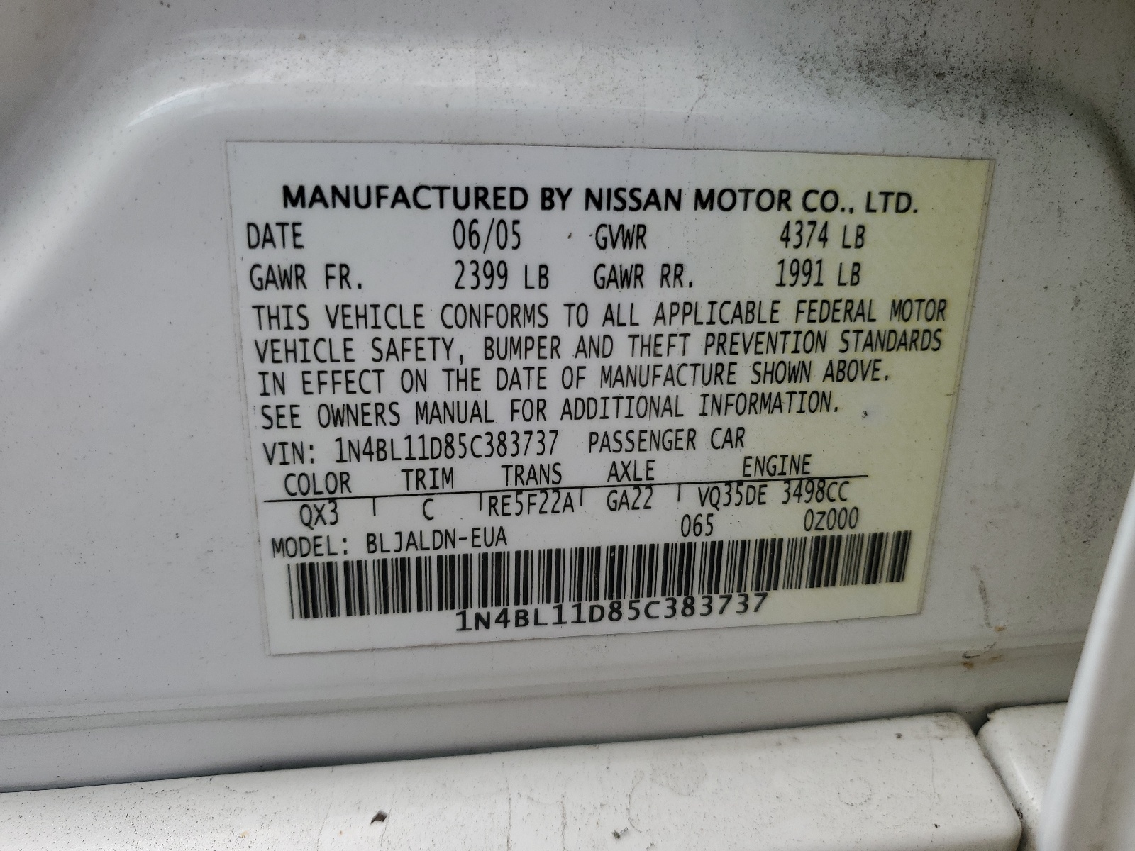 1N4BL11D85C383737 2005 Nissan Altima Se